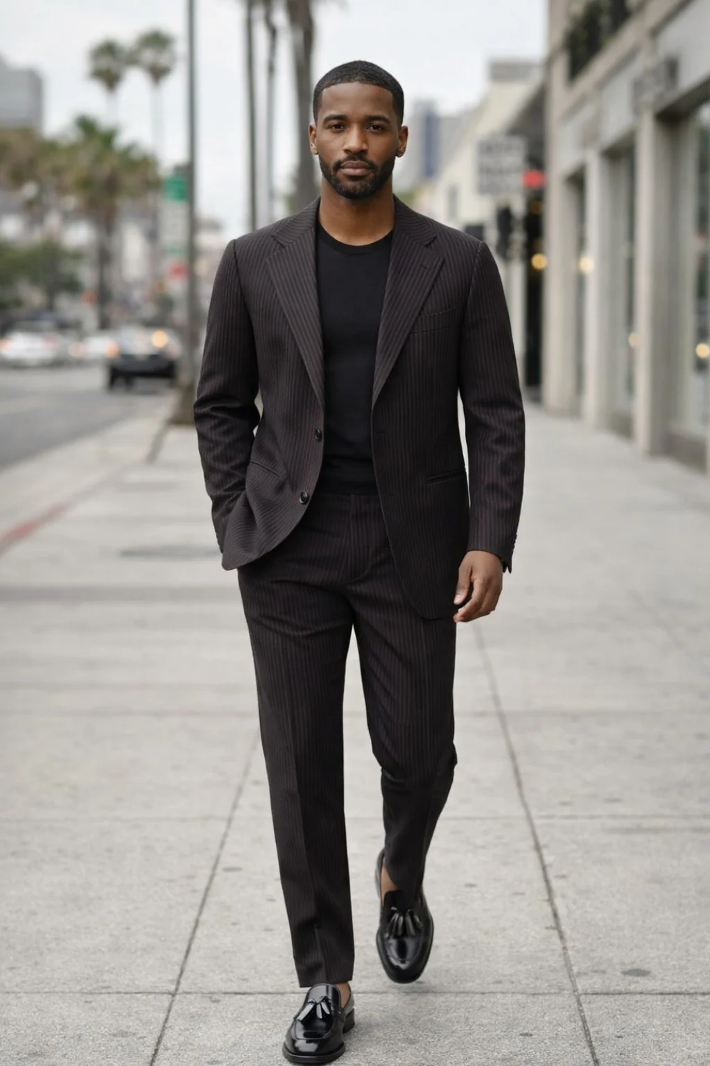 Dark Brown Suit, Black T-Shirt, Black Tassel Loafers Outfit