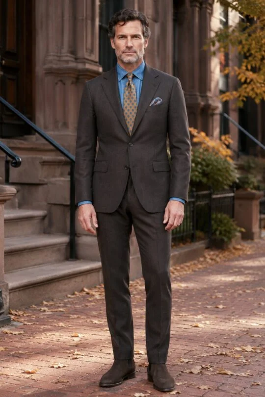 Dark brown suit, blue denim shirt, yellow tie, brown chelsea boots