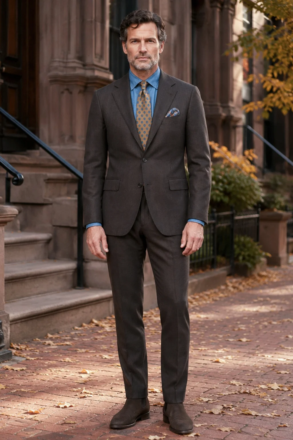 Dark brown suit, blue denim shirt, yellow tie, brown chelsea boots