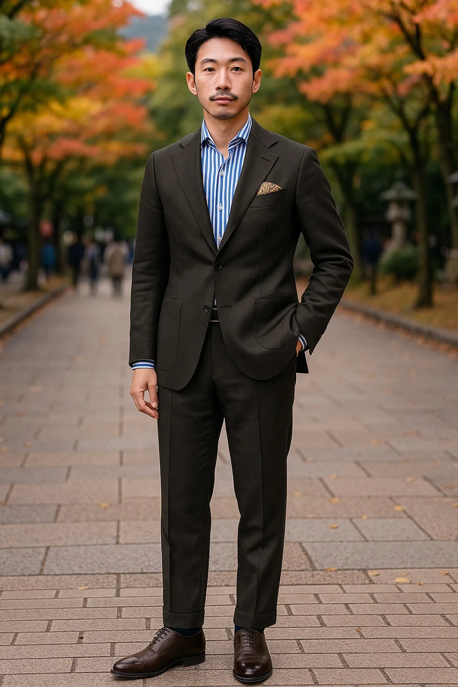 Dark brown suit, blue striped shirt, brown oxford shoes outfit