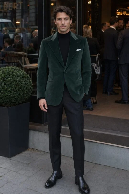 Dark green dinner jacket, black rollneck, black tuxedo trousers, black Chelsea boots outfit