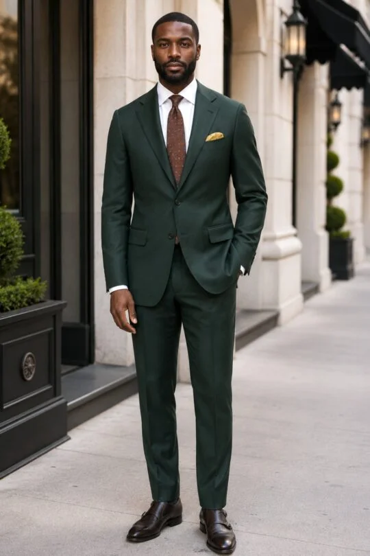 Dark green suit, white shirt, brown tie, brown monk strap shoes outfit