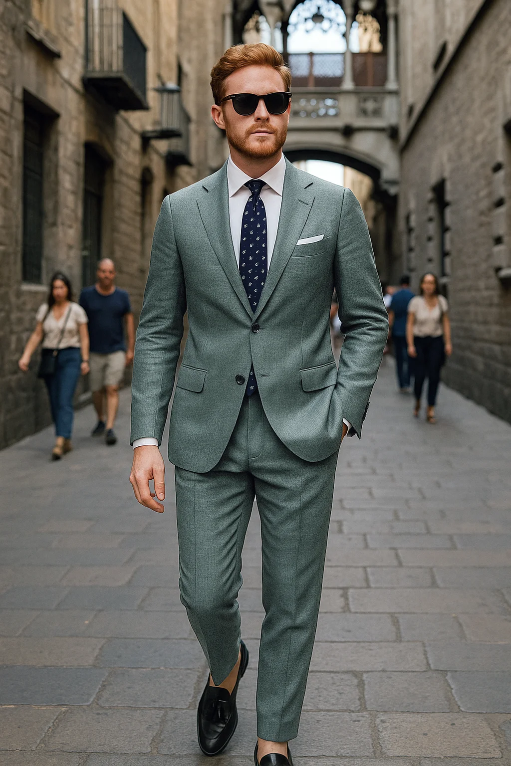 Green Suit, White Shirt, Navy Tie, Black Loafers Outfit