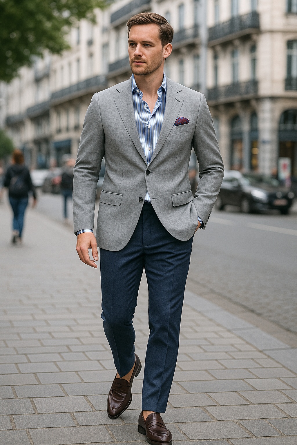 Grey blazer, blue striped shirt, blue chinos, dark mahogany penny loafers outfit