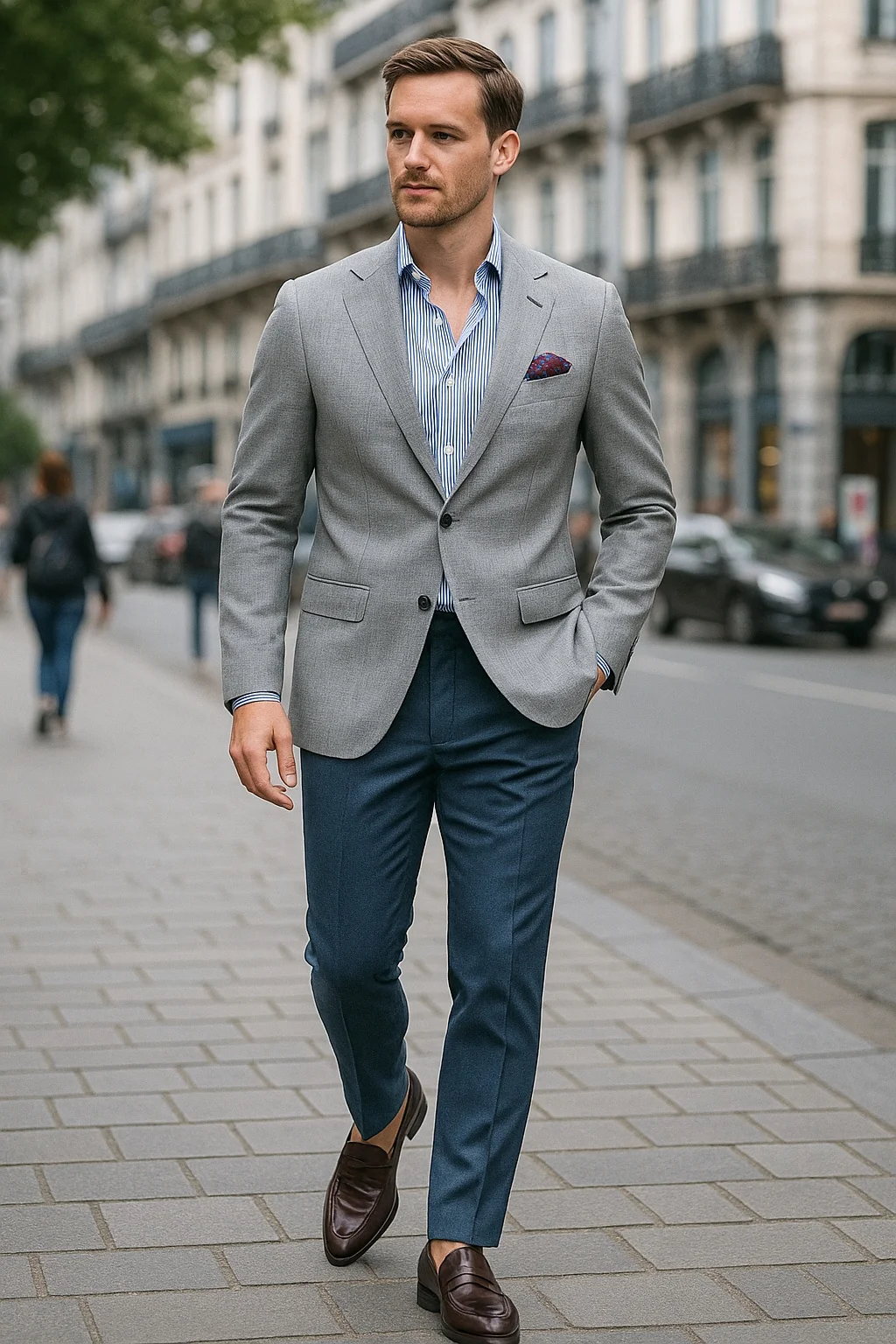 Grey blazer, blue striped shirt, blue chinos, dark mahogany penny loafers outfit