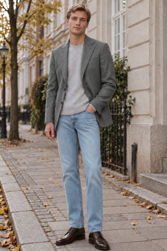 Grey blazer, light grey sweater, blue jeans, brown derby shoes outfit