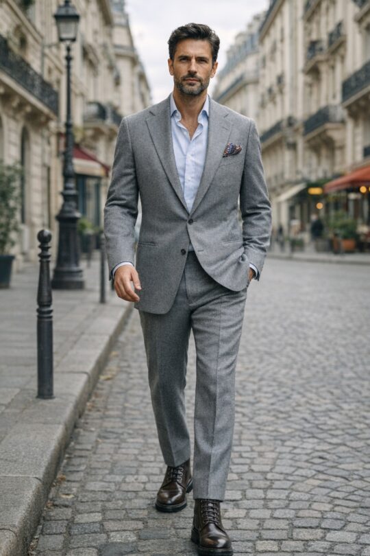 Grey Flannel Suit, Light Blue Striped Shirt, Brown Boots Outfit