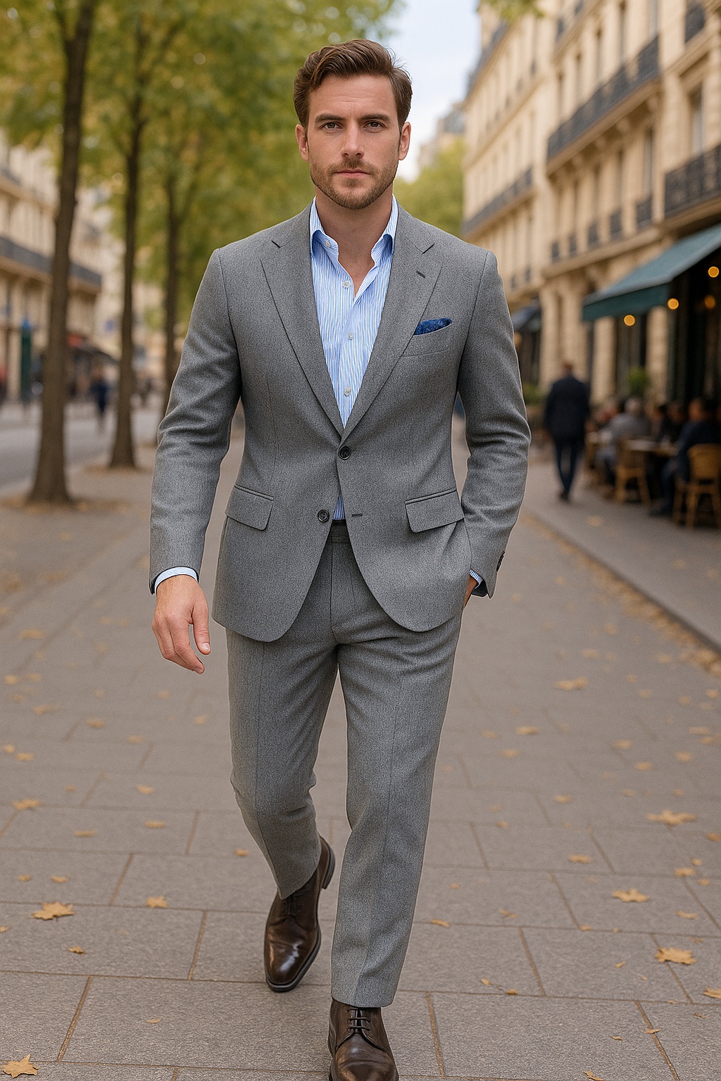 Grey Flannel Suit, Light Blue Striped Shirt, Brown Boots Outfit