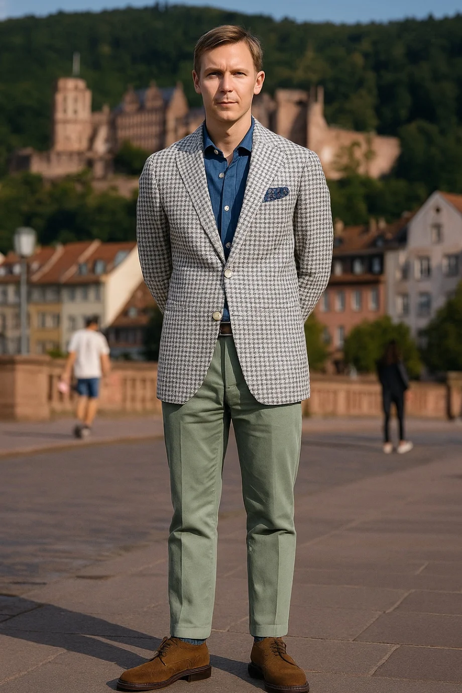 Grey houndstooth blazer, blue denim shirt, green chinos, brown suede derby shoes