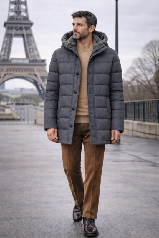 A man is wearing grey wool parka, camel sweater, brown corduroy trousers, dark brown derby shoes