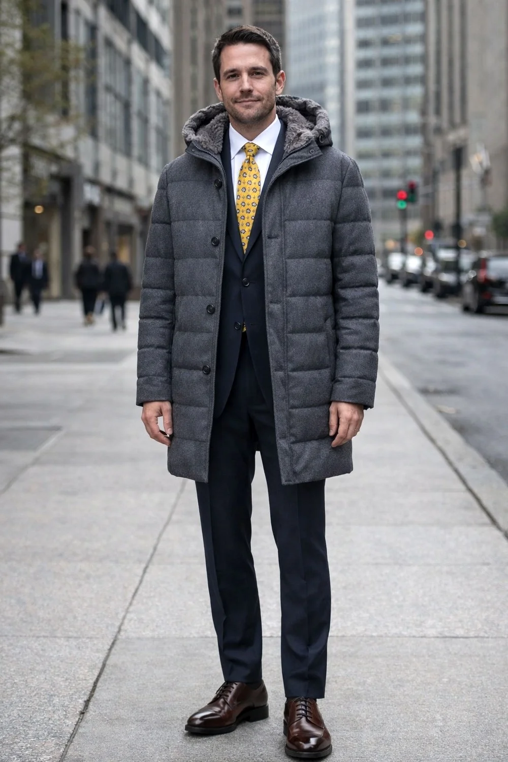 A man is wearing grey wool parka, nacy suit, white shirt, yellow tie, dark brown derby shoes
