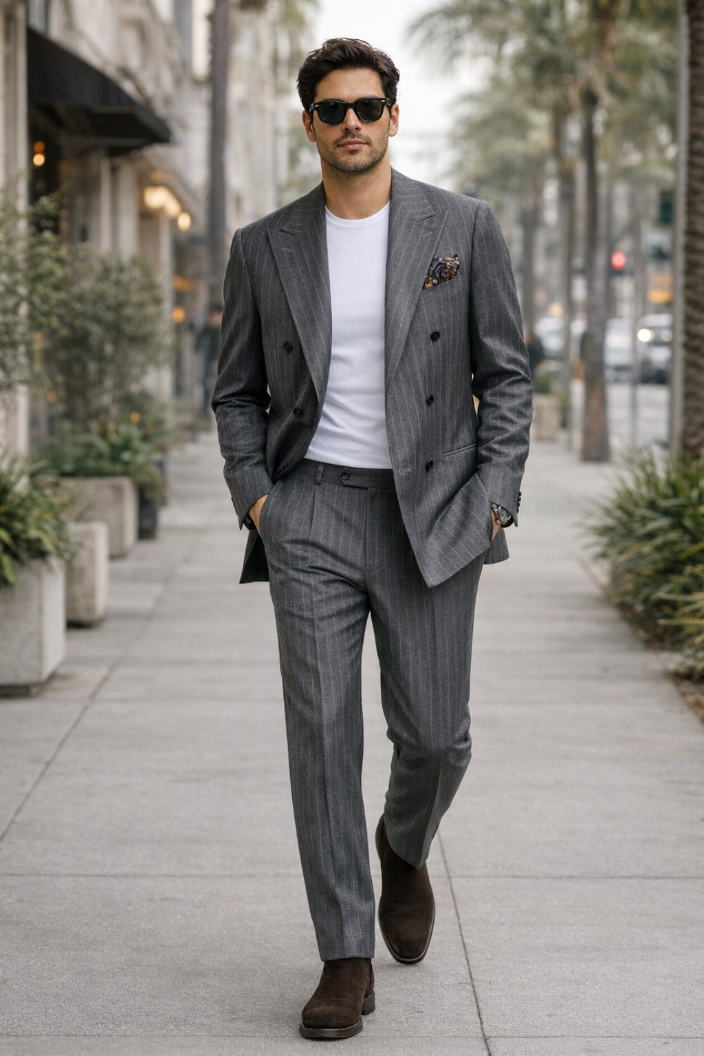 Grey Striped Suit, White T-Shirt, Brown Chelsea Boots Outfit