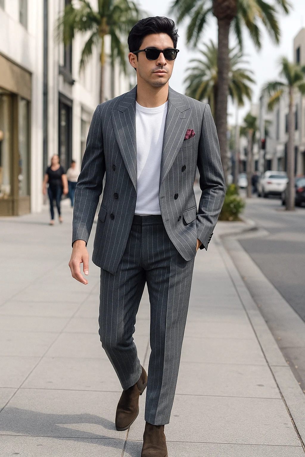 Grey Striped Suit, White T-Shirt, Brown Chelsea Boots Outfit