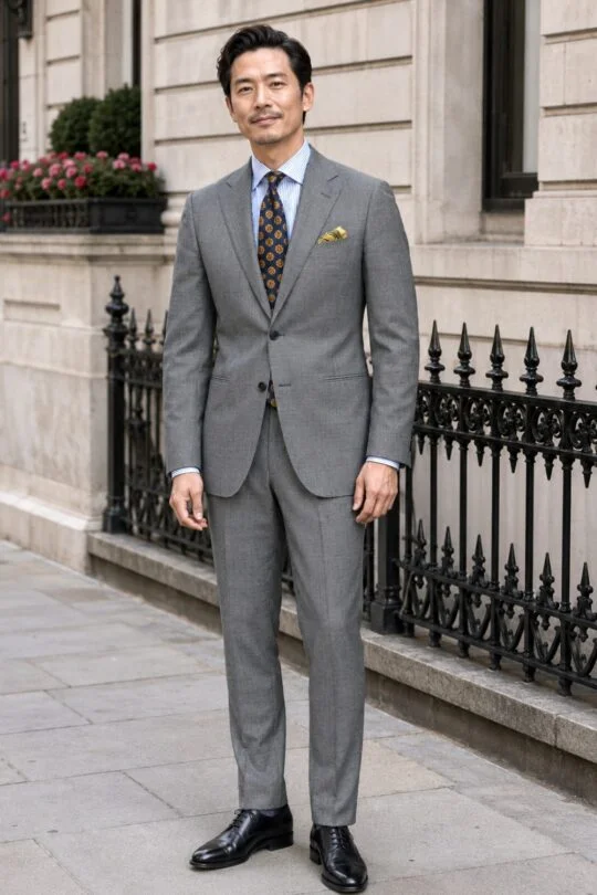 Grey suit, blue striped shirt, nacy tie, black derby shoes