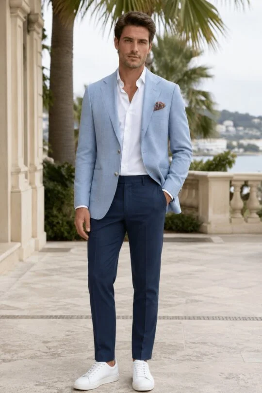 Light blue blazer, white shirt, navy chinos, white sneakers outfit