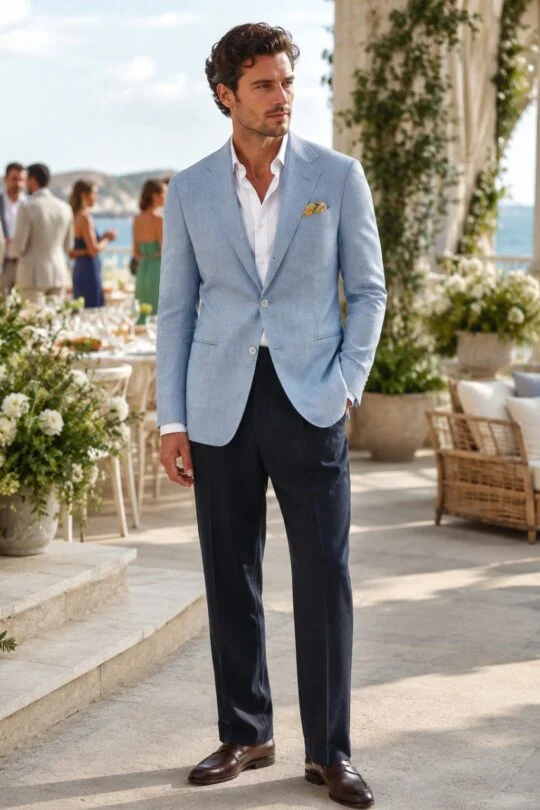 Light blue blazer, white shirt, navy linen trousers, brown penny loafers outfit
