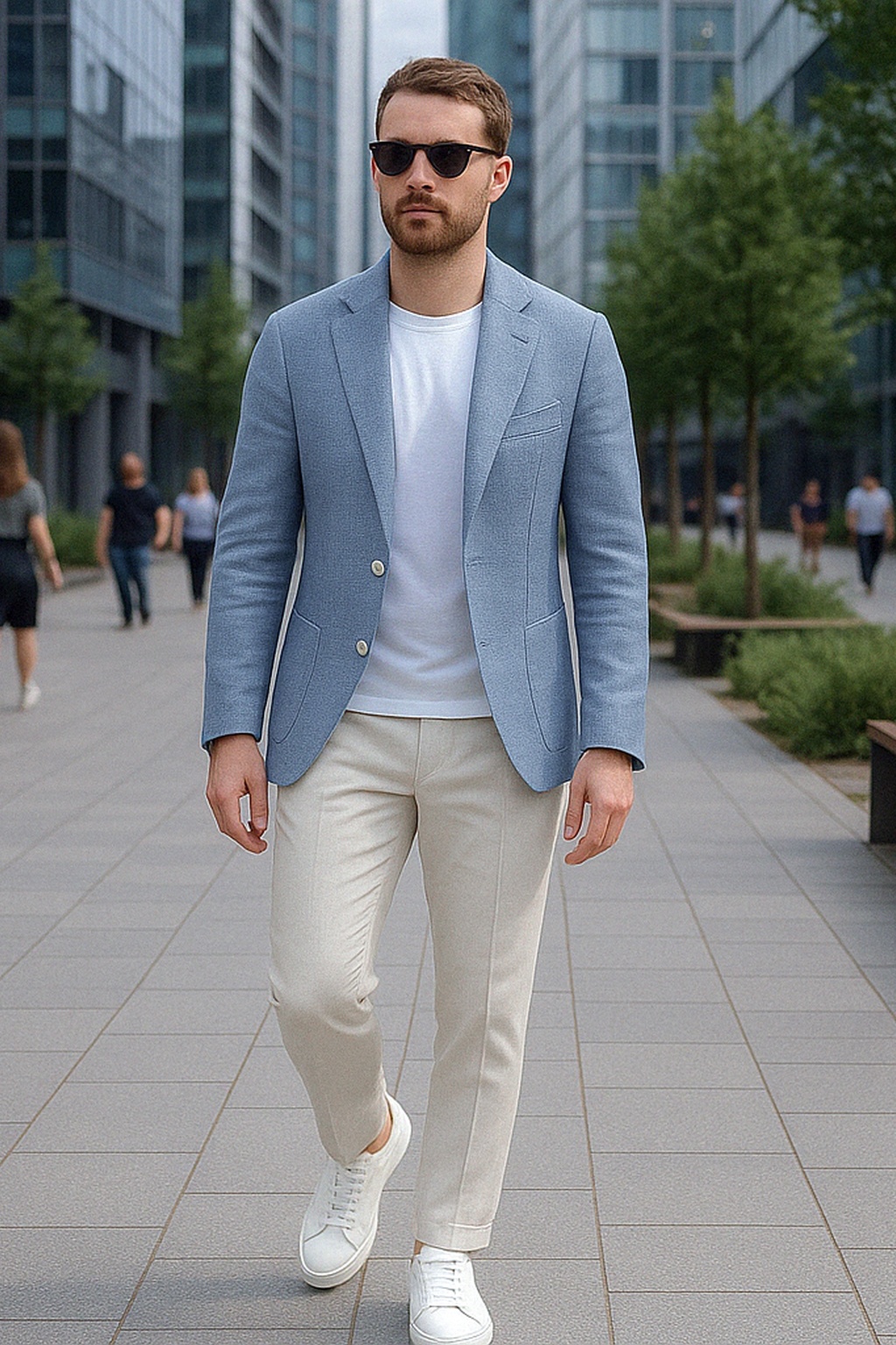 Light Blue Blazer, White T-Shirt, POff White Chinos, White Sneakers Outfit