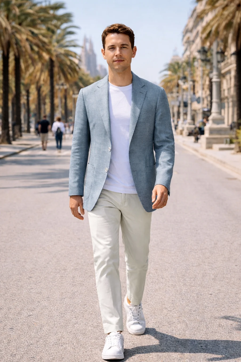 Light Blue Blazer, White T-Shirt, POff White Chinos, White Sneakers Outfit