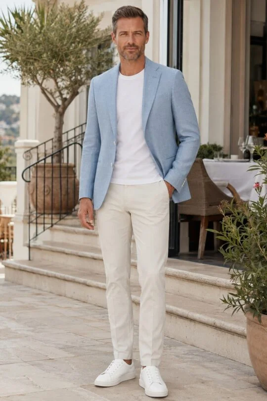 Light Blue Blazer, White T-Shirt, Off White Chinos, White Sneakers Outfit