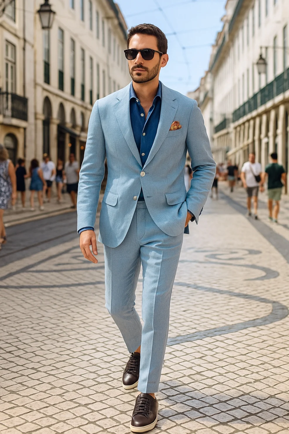 Light blue suit, blue denim shirt, brown sneakers outfit
