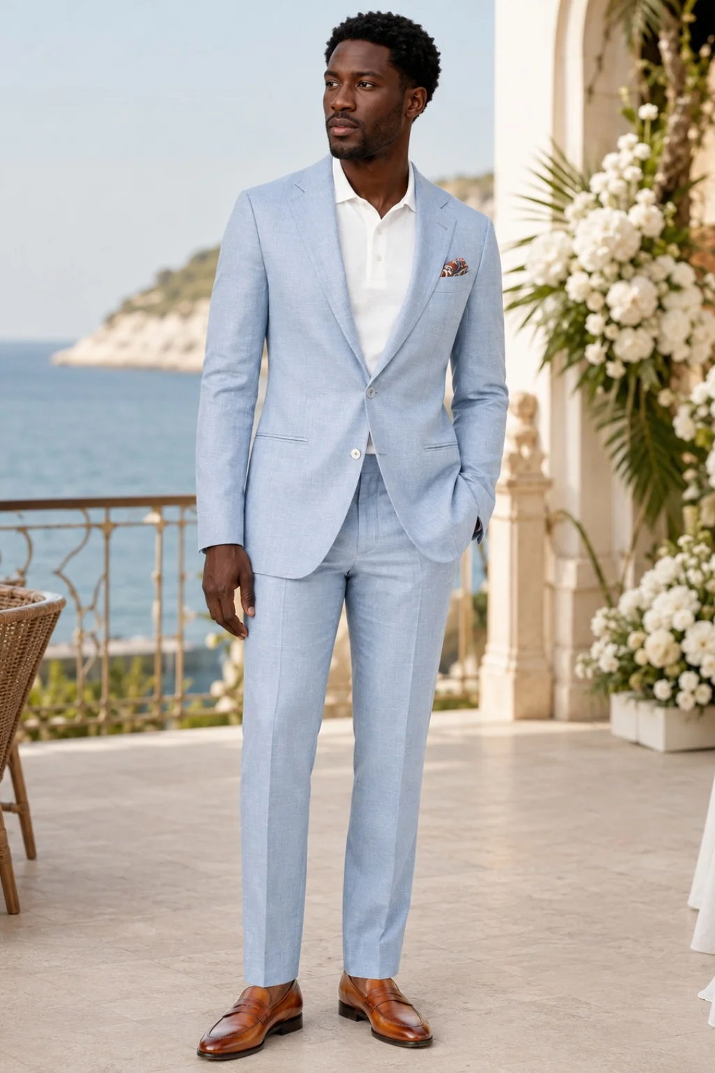 Light blue suit, white polo shirt, brown penny loafers outfit