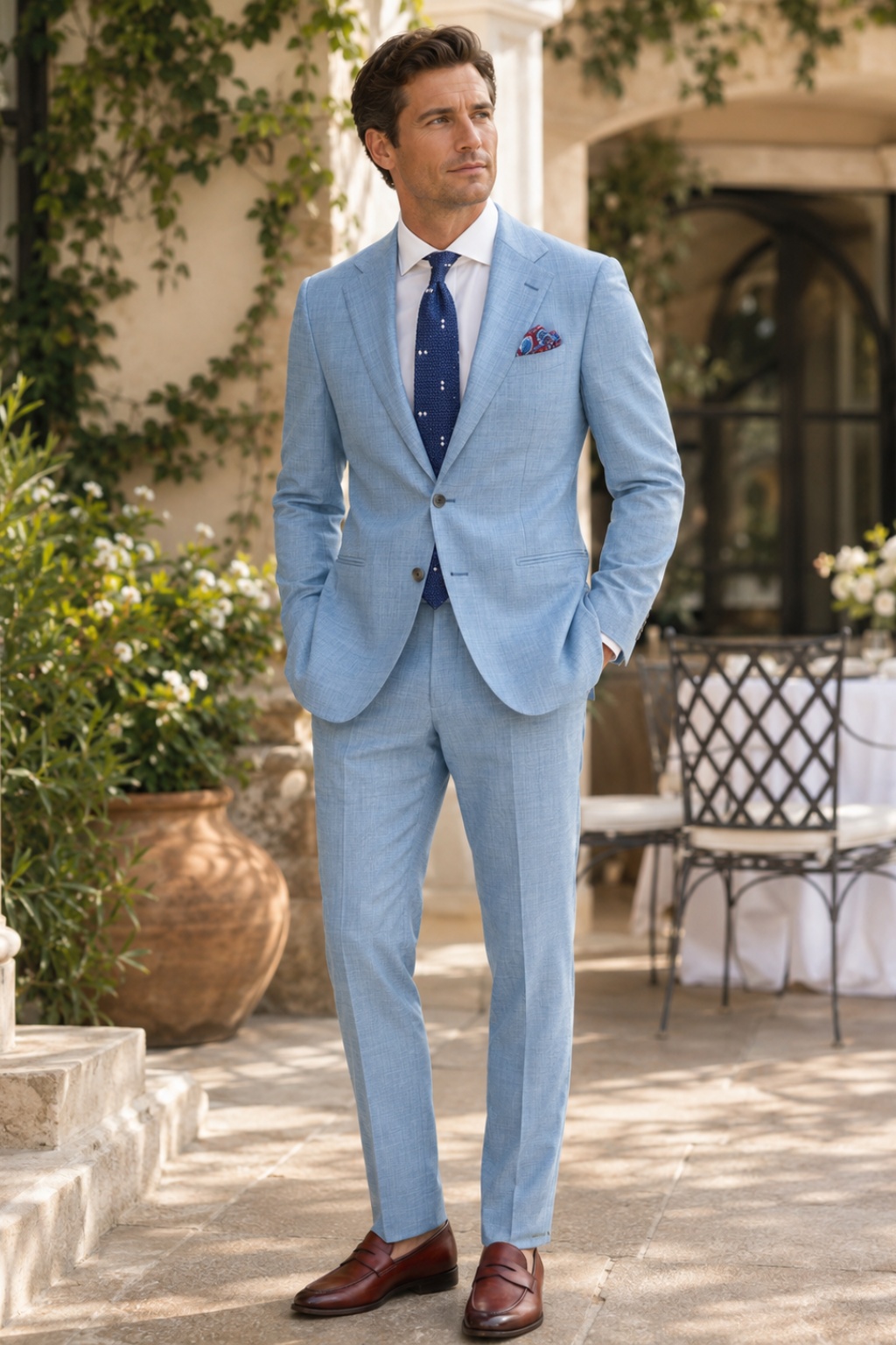 Light blue suit, white shirt, blue tie, mahogany penny loafers