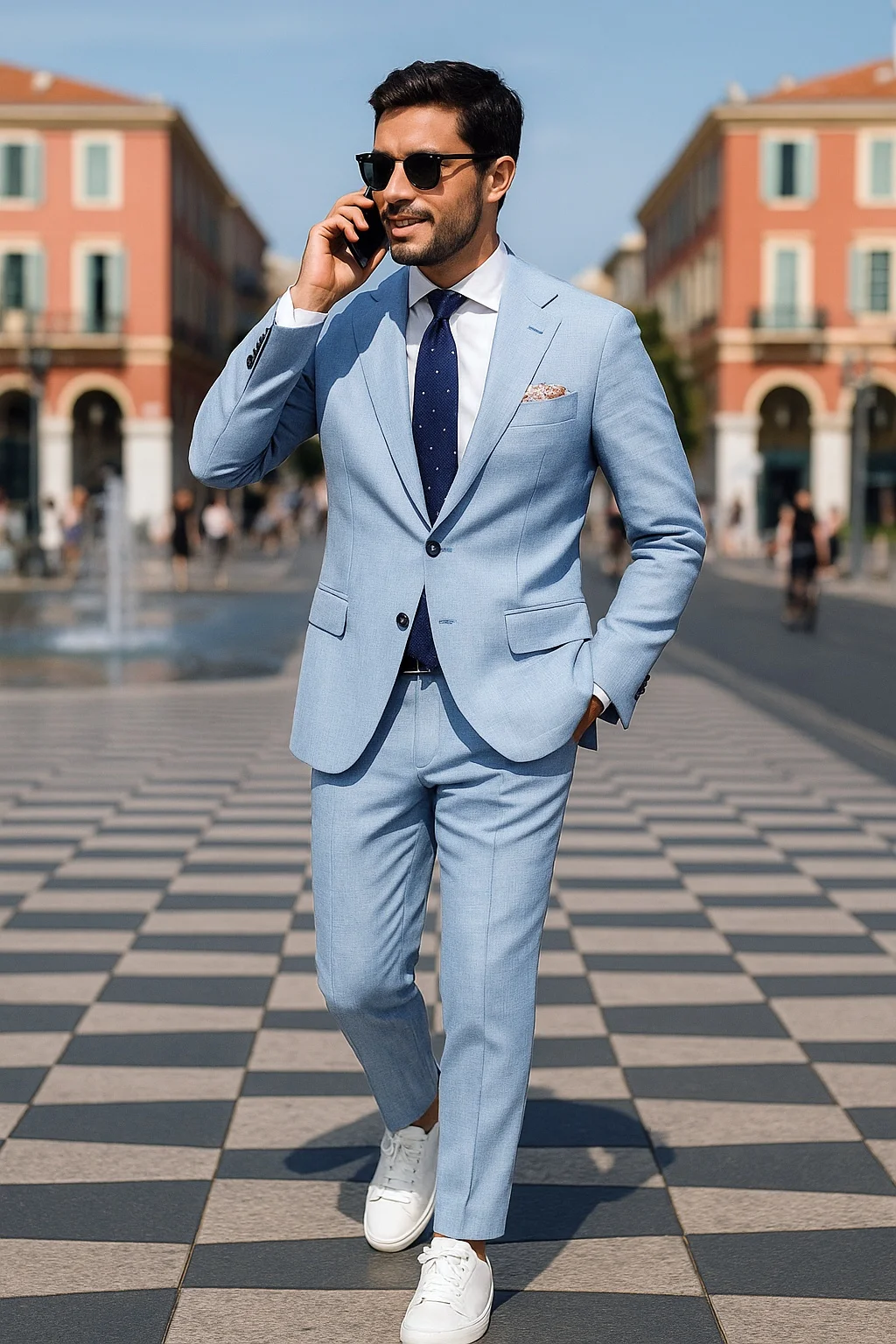 Light Blue Suit, White Shirt, White Sneakers Outfit