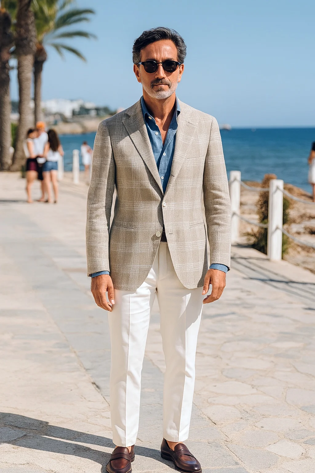 Light brown glen plaid blazer, light blue denim shirt, white trousers, dark brown penny loafers outfit