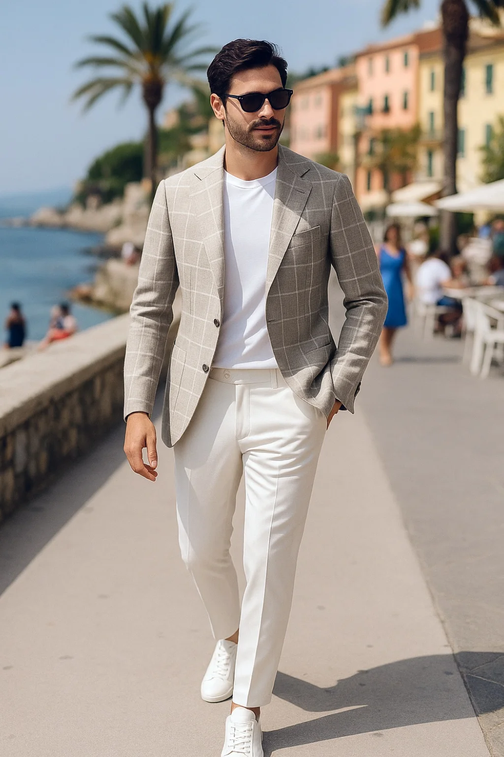 Light brown windowpane blazer, white t-shirt, white trousers, white sneakers outfit