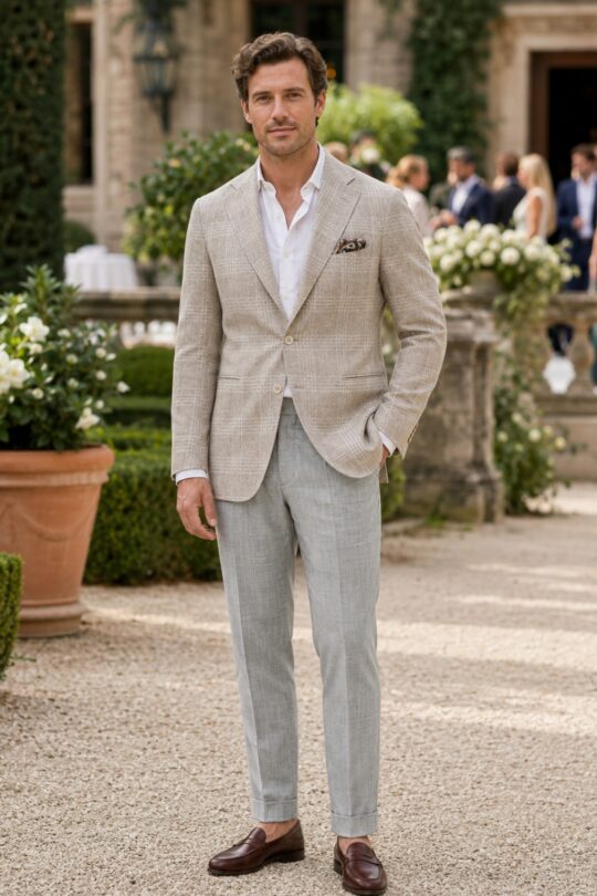 Light brown checked blazer, white shirt, light grey trousers, brown penny loafers outfit