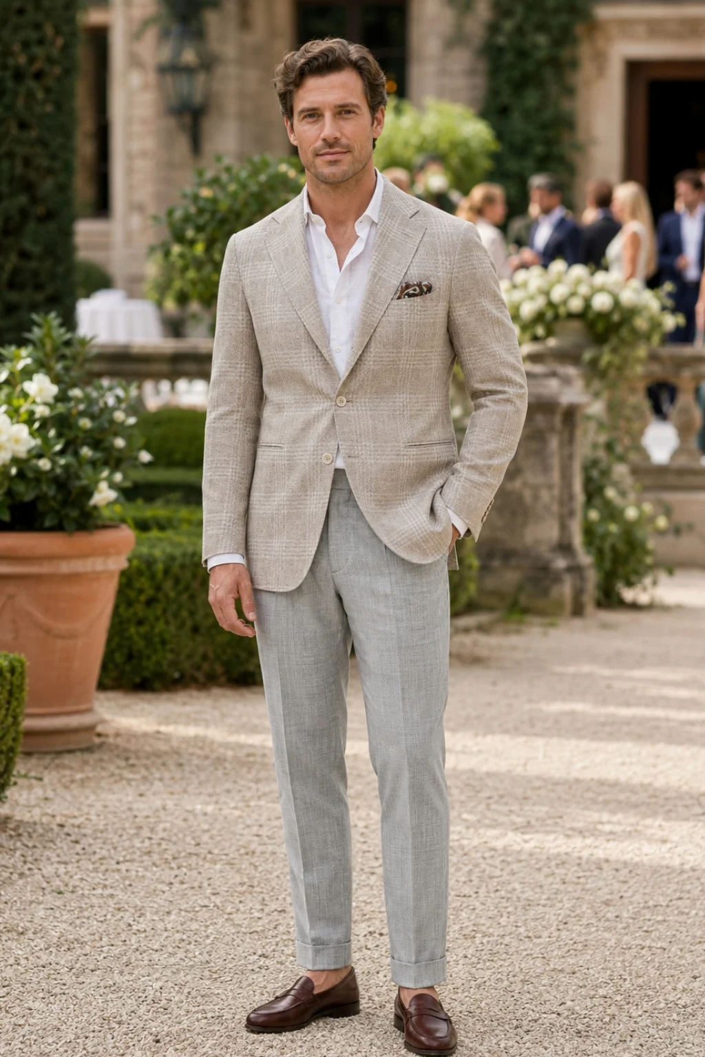 Light brown checked blazer, white shirt, light grey trousers, brown penny loafers outfit