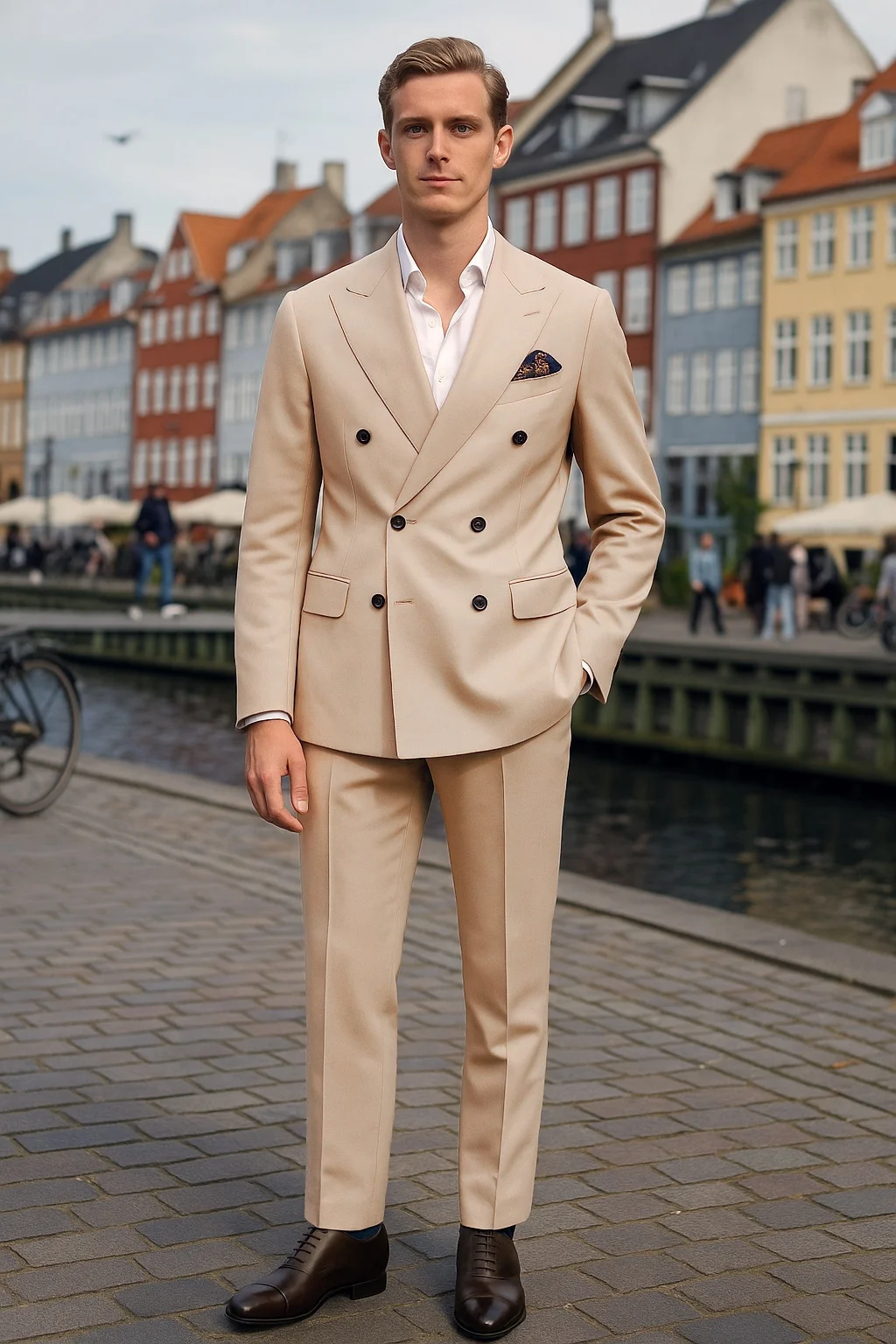 Light brown suit, white shirt, brown oxford shoes outfit