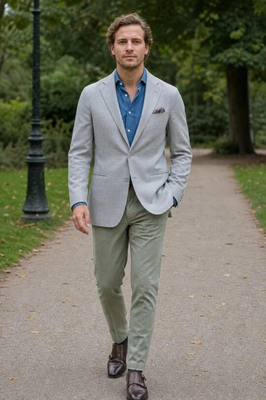 Light grey blazer, blue denim shirt, green chinos, brown monk strap shoes outfit