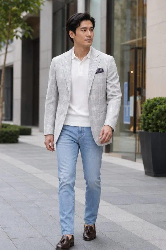 Light grey blazer, off-white polo shirt, light blue jeans, brown tassel loafers outfit