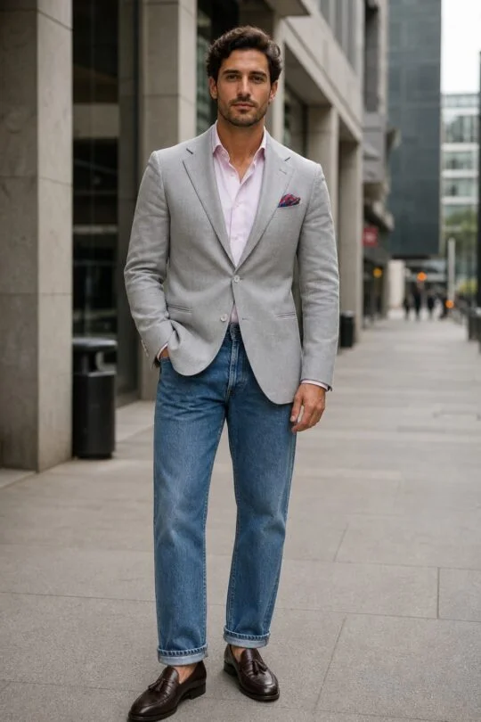 Light grey blazer, pink shirt, blue jeans, brown tassel loafers outfit
