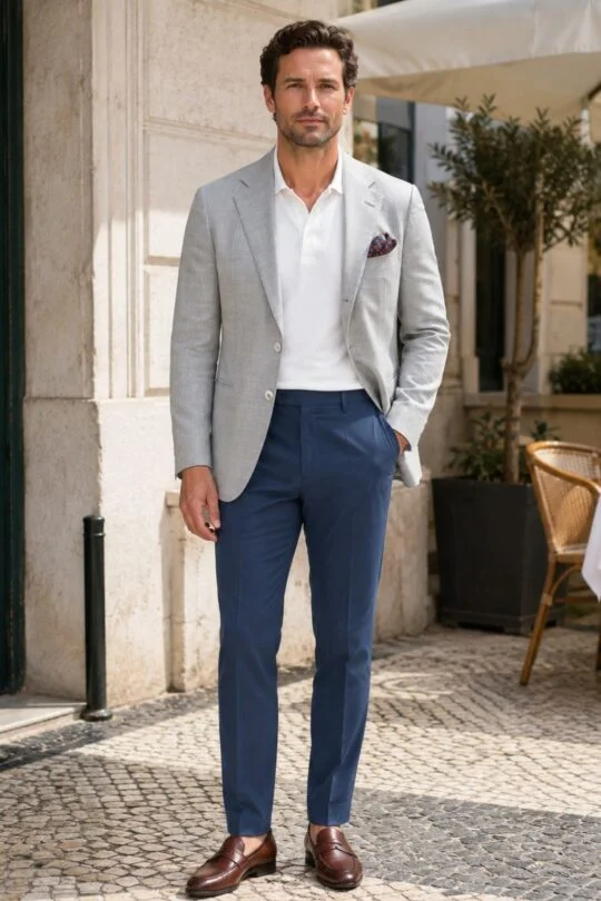 Light grey blazer, white polo shirt, blue chinos, mahogany penny loafers outfit