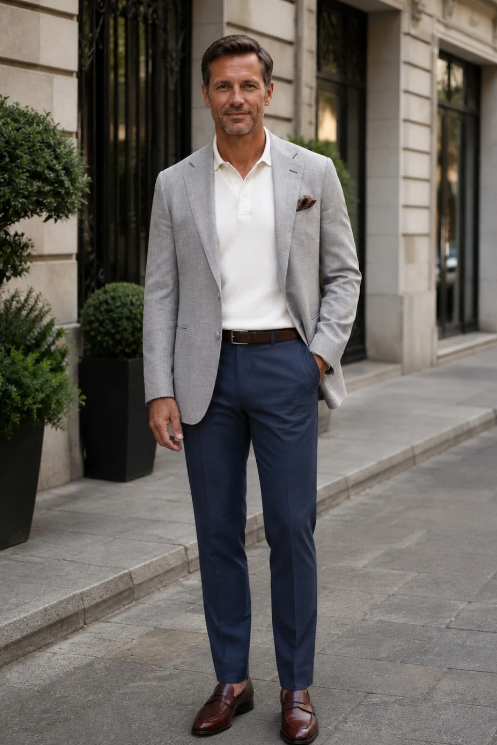 Light grey blazer, white polo shirt, blue chinos, mahogany penny loafers outfit