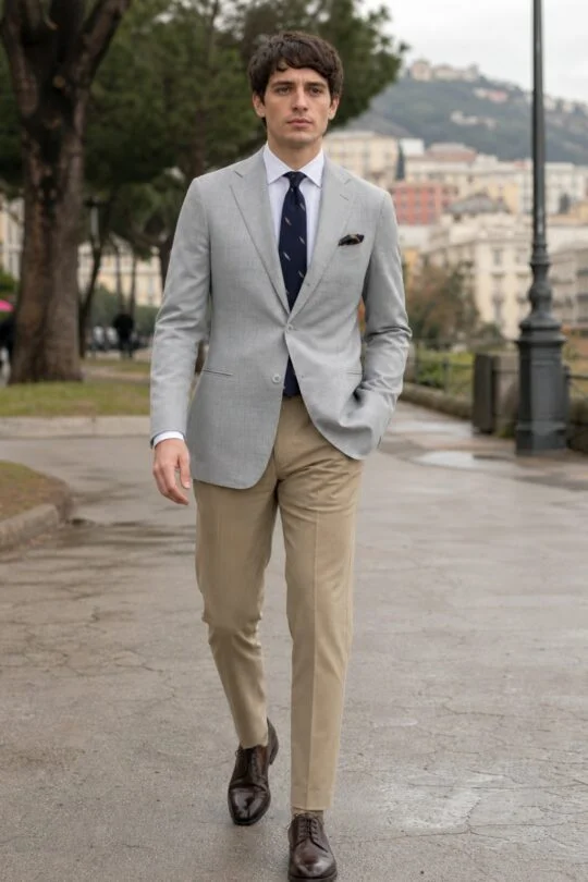 Light grey blazer, white shirt, beige chinos, brown derby shoes outfit