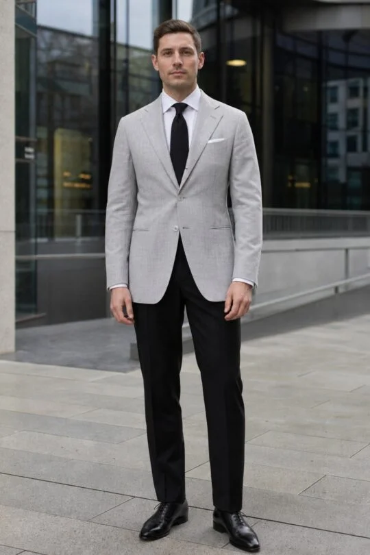 Light grey blazer, white shirt, black trousers, black oxford shoes outfit