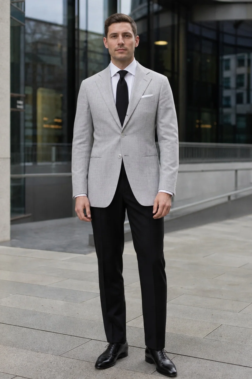 Light grey blazer, white shirt, black trousers, black oxford shoes outfit