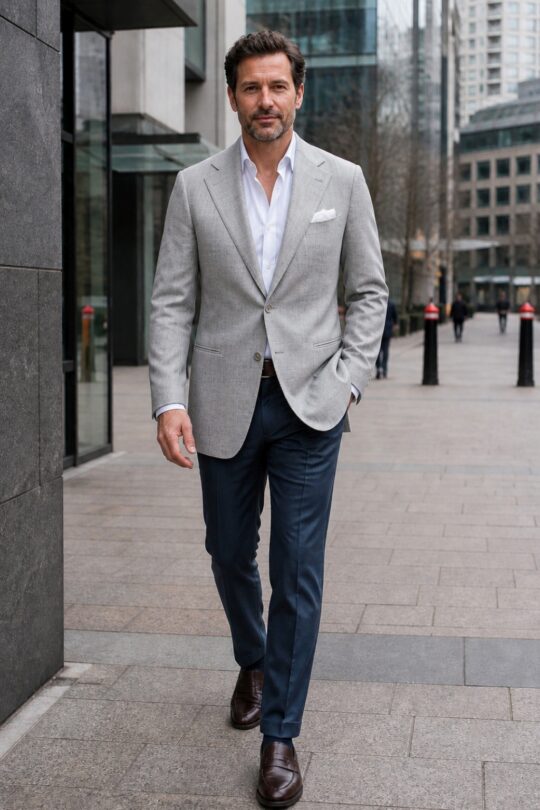 Light grey blazer, white shirt, blue chinos, brown penny loafers outfit