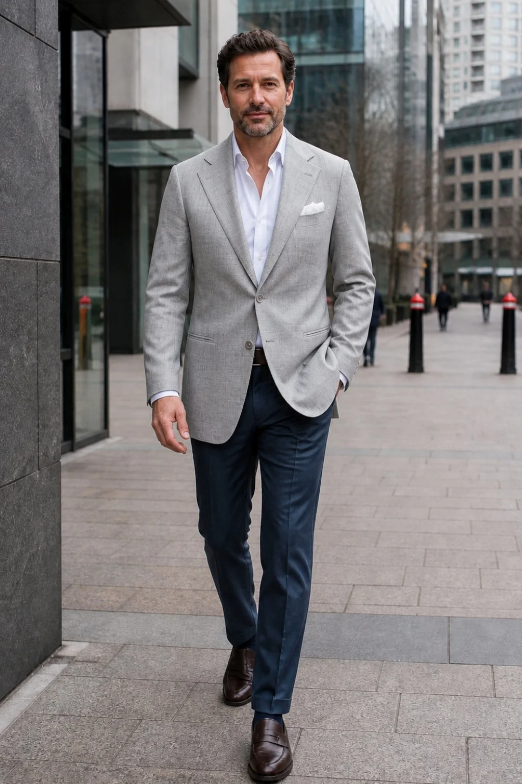 Light grey blazer, white shirt, blue chinos, brown penny loafers outfit