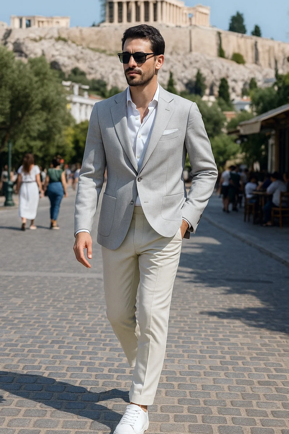 Light grey blazer, white shirt, off white chinos, white sneakers outfit