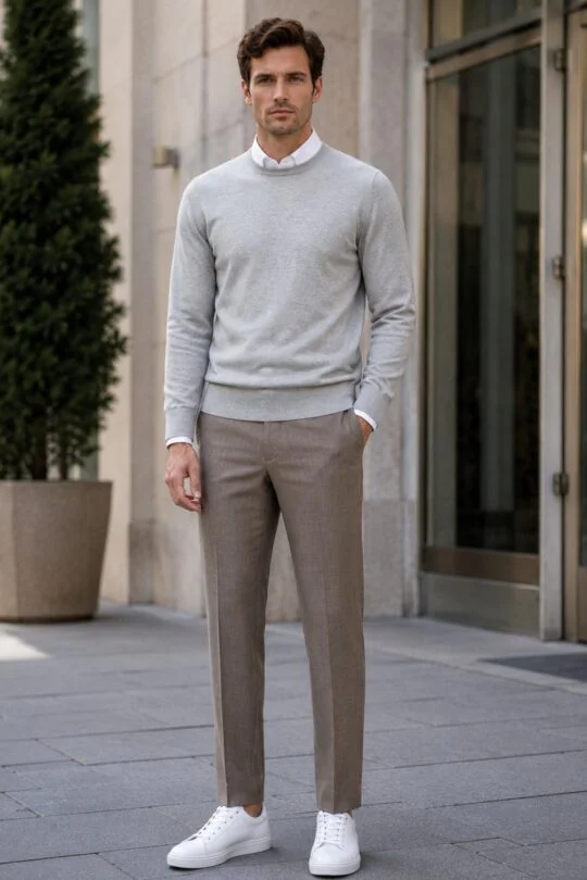 Light grey crew neck sweater, taupe trousers, white sneakers outfit
