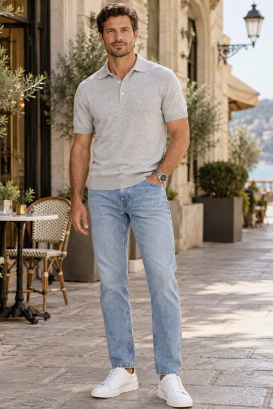 Light grey polo shirt, light blue jeans, white sneakers outfit