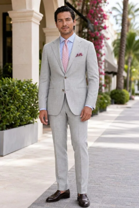Light grey suit, blue striped shirt, pink tie, brown penny loafers