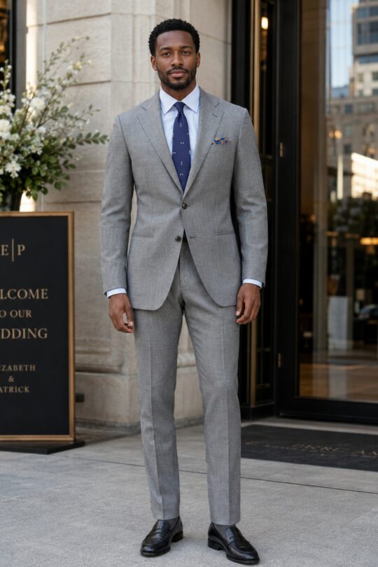 Light grey suit, light blue shirt, black penny loafers outfit