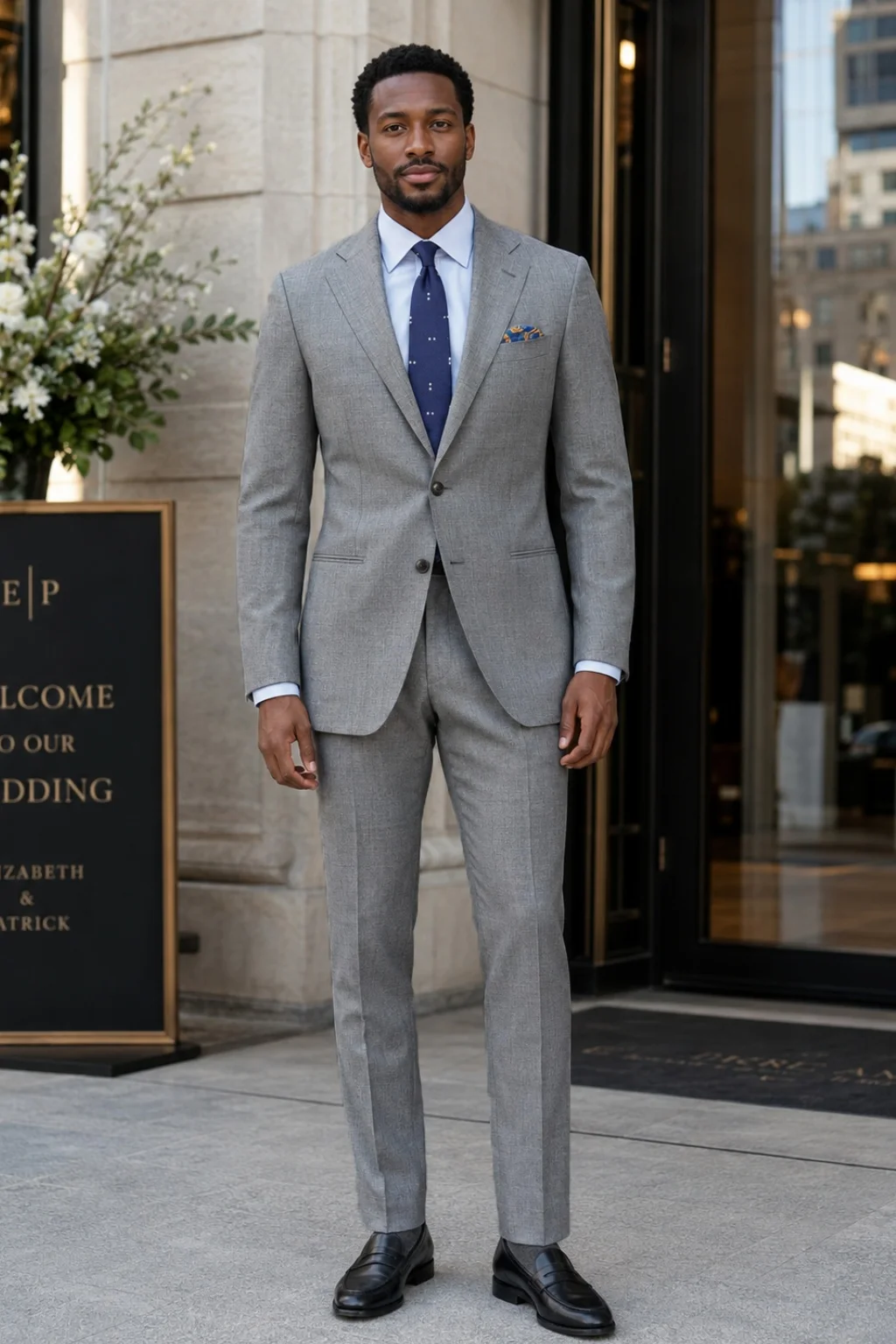 Light grey suit, light blue shirt, black penny loafers outfit