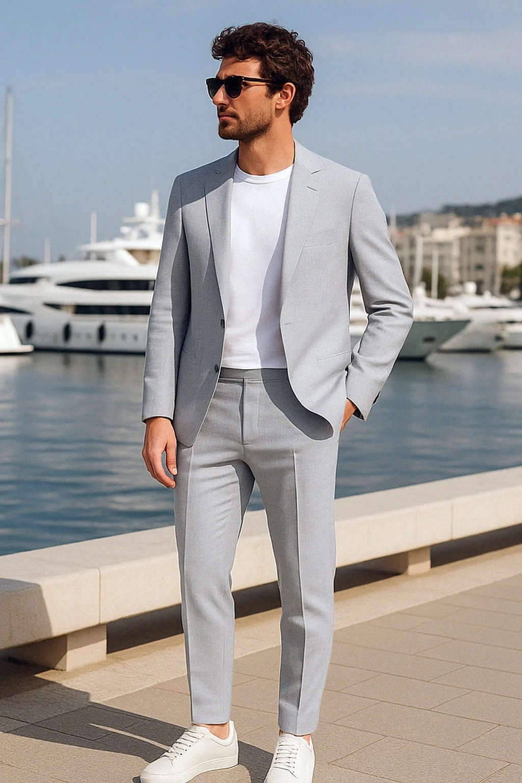 Light Grey Suit, White T-Shirt, White Sneakers Outfit