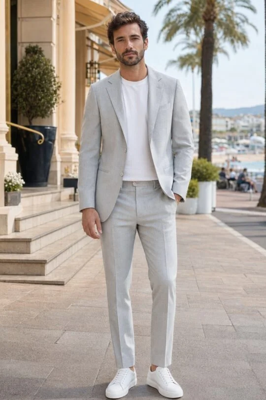 Light Grey Suit, White T-Shirt, White Sneakers Outfit